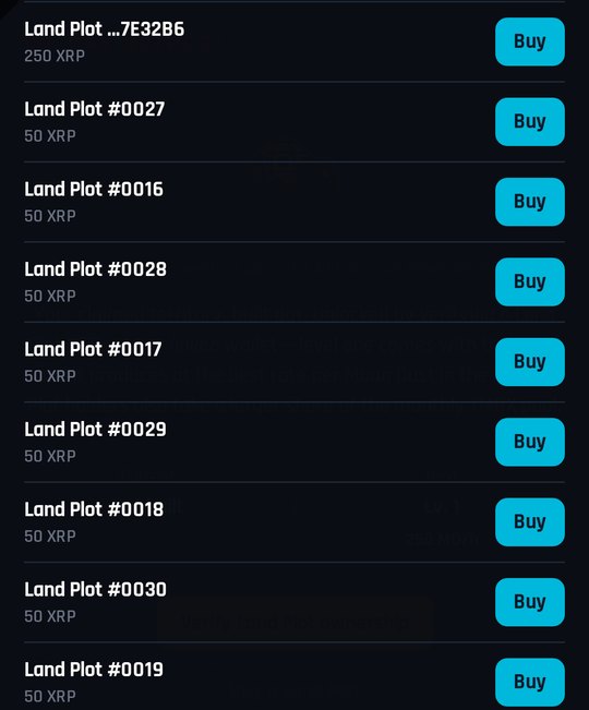 The Land Plot store inside the Moon Base Mini App, listing plots at 50 XRP with Buy buttons