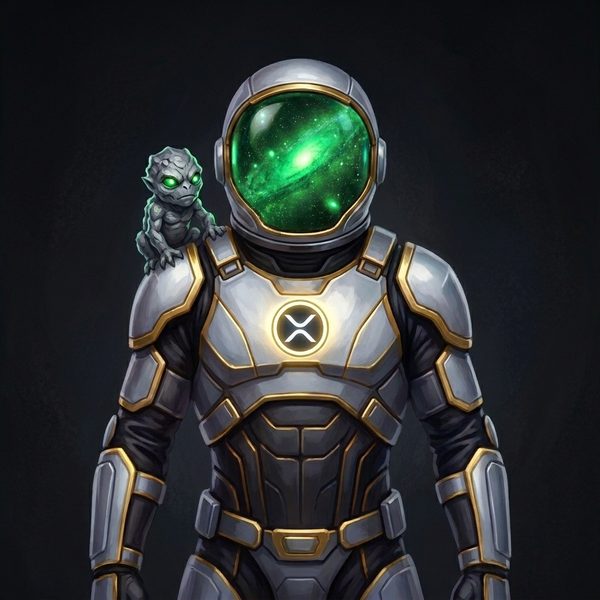 Orion Agent #0010 — a faceless armoured validator in a mirrored visor bearing the XRP emblem
