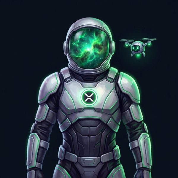 Orion Agent #0015 — a faceless armoured architect in a mirrored visor bearing the XRP emblem