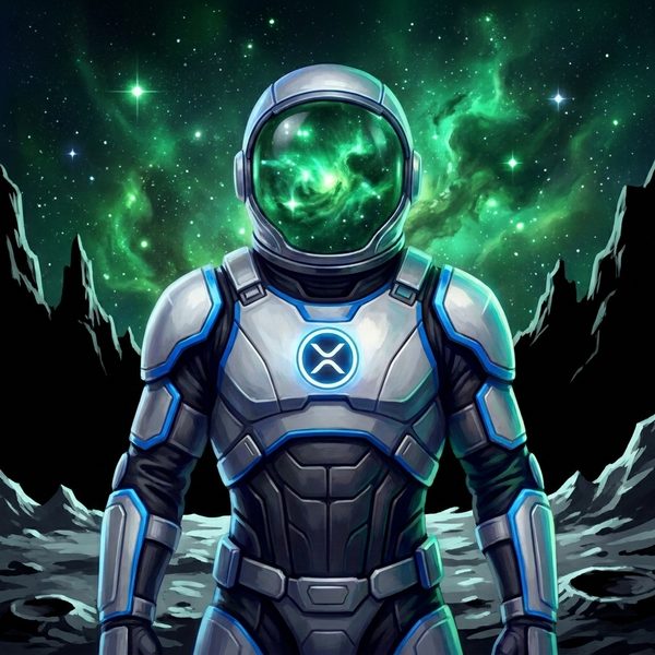 Orion Agent #0016 — a faceless armoured analyst in a mirrored visor bearing the XRP emblem