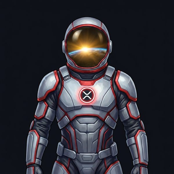 Orion Agent #0019 — a faceless armoured oracle in a mirrored visor bearing the XRP emblem