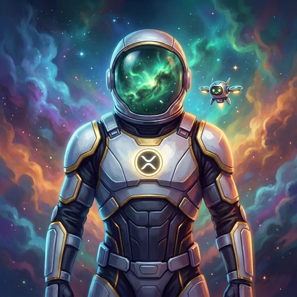 Orion Agent #0023 — a faceless armoured guardian in a mirrored visor bearing the XRP emblem